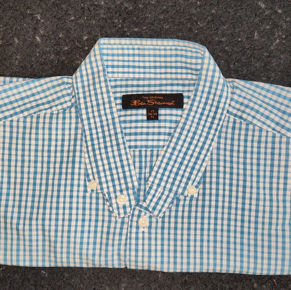 Ben Sherman Long Sleeve Button Down Checkered Haint Blue Shirt - Picture 3 of 9